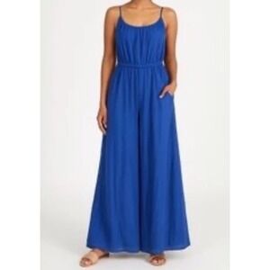 Haute Hippie Style Blue Linen Blend Wide Leg Jumpsuit XL Adjustable Straps EUC